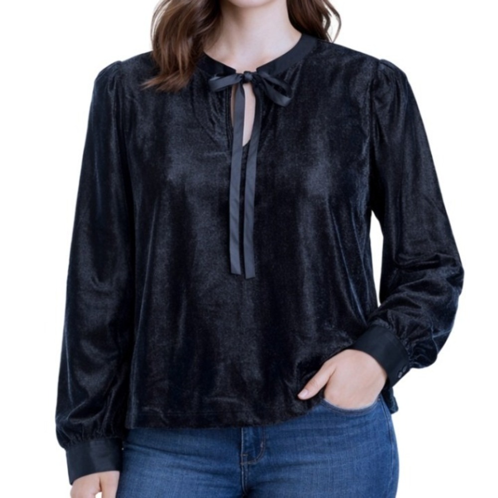 Ann Taylor NWT Black Velvet Tie Neck Blouse Long Sleeve Top NWT Size M